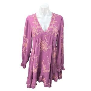 Free People Estella Purple Floral Embroidered Long Sleeve Ruffle Mini Dress XS